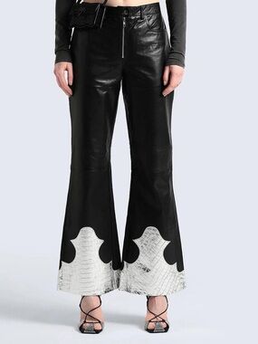 Muubaa Black Leather Flared Pants with Silver Croc Hem
